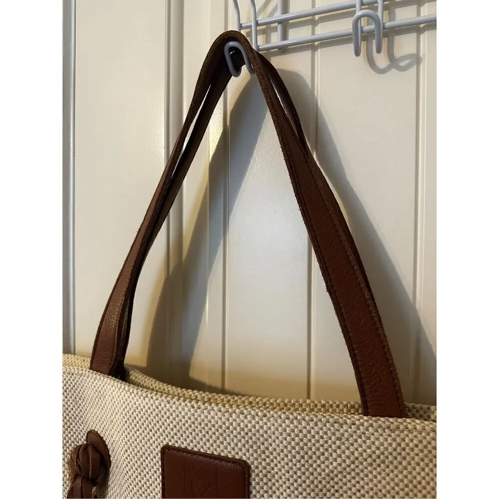 Muxo Camila Alves Leather Linen Woven Cotton Tote Brown Jute Tan Hobo Bag Purse - Picture 5 of 14